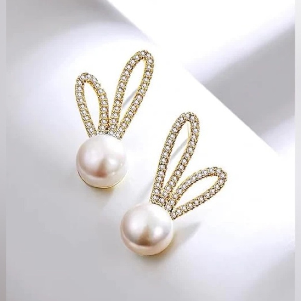 Bunny Pearl Earrings – Cute Crystal Rabbit Ear Studs